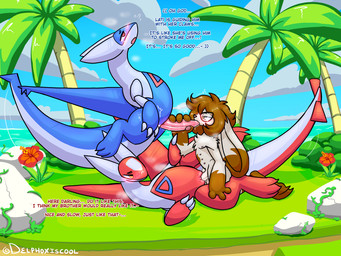 3_fingers 4_fingers 8_nipples anthro assisted_handjob belly_nipples blue_body blue_sky blush brown_body brown_fur brown_hair claws cloud dialogue eyewear eyewear_only fellatio fellatio_while_penetrating female fingers flame_markings floating floppy_ears flower from_front_position fur genitals glasses glasses_only green_eyes group guided_handjob hair handjob hibiscus holding_another's_arm holding_another's_penis holding_penis humanoid_genitalia humanoid_penis humanoid_vulva island kneeling kneeling_sex lop_ears lying male male/female markings missionary_position multi_nipple nipples nude on_back open_mouth oral oral_while_penetrating palm_tree pawpads penetration penile penis plant red_body red_eyes rock sea sex shrub sky tapering_penis text tree trio twitching vaginal vaginal_penetration vines vulva water wearing_glasses white_body white_fur yellow_eyes conditional_dnp delphoxiscool nintendo pokemon pokemon_mystery_dungeon spike_chunsoft robin_(robinstic) generation_3_pokemon lagomorph latias latios legendary_pokemon leporid mammal pokemon_(species) rabbit 2026 4:3 english_text full-length_portrait hi_res portrait brother_(lore) indirect_incest_(lore) sibling_(lore) sister_(lore)
