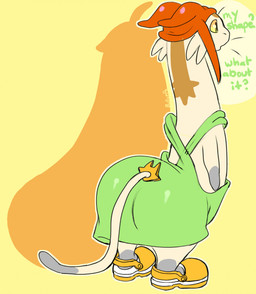 anthro big_butt biped butt cat_tail clothing eggplant food footwear fruit fur green_clothing green_shirt green_topwear hat headgear headwear male plant rear_view shirt shoes slippers solo standing text topwear whiskers bulluppa space_dandy meow_(space_dandy) alien betelgeusian domestic_cat felid feline felis mammal 2023 english_text hi_res signature