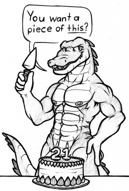 abs anthro areola athletic athletic_male back_scar biceps birthday_cake cake candle convenient_censorship dessert dialogue food head_spines long_tail male muscular nipples nude pecs scar snout solo spatula speech_bubble tail talking_to_viewer text tools woogigooie charlie_(woogigooie) alligator alligatorid crocodilian reptile scalie 2019 english_text hi_res monochrome traditional_media_(artwork)