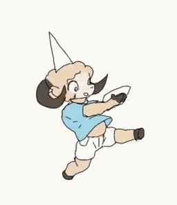 anthro clothing ears_back ears_down fur hat headgear headwear hooves horn looking_down male pivoted_ears smile solo walking wearing_hat white_body white_fur white_wool wool_(fur) feltp reynard_the_baa bovid caprine mammal sheep animated low_res