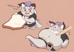 anthro belly blush bread chibi food fur hair horn male micro micro_male navel overweight overweight_male pawpads poking purple_hair solo text weight_gain white_body white_fur sawch_cls lifewonders tokyo_afterschool_summoners behemoth_(tas) monster hi_res japanese_text