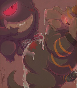 balls blush bodily_fluids butt butt_slap cum cum_on_butt cum_on_penis duo ectoplasm erection genital_fluids genitals hot_dogging humanoid_genitalia humanoid_penis male male/male penis red_eyes sex simple_background slap smile spanking teeth damingo nintendo pokemon dusknoir generation_1_pokemon generation_4_pokemon gengar ghost pokemon_(species) spirit 2016