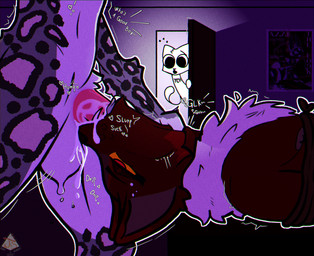 anthro arms_tied balls bodily_fluids bound caught_in_the_act chest_tuft cum cum_in_mouth cum_inside door duo ellipsis fangs fur genital_fluids genitals irrumatio lying male male/male motion_lines multicolored_body multicolored_fur neck_bulge on_back onomatopoeia oral oral_penetration penetration penile penis penis_in_mouth poster rope sex sound_effects standing tears teeth text throat_swabbing tongue tuft justasleepysnep mythology azrael_shaw hugo_(justasleepysnep) ych_(character) canid canid_demon canine demon felid hellhound mammal mythological_canine mythological_creature pantherine snow_leopard absurd_res hi_res