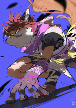 action_pose anthro biped black_bottomwear black_clothing black_topwear blonde_hair bottomwear claws clothed clothed_anthro clothed_male clothing countershade_face countershade_fur countershade_neck countershade_torso countershading crouching digitigrade eyeshadow finger_claws foreshortening front_view fully_clothed fully_clothed_anthro fully_clothed_male fur hair looking_aside low-angle_view makeup male mouth_closed pink_eyes pink_pupils pose pupils purple_background purple_body purple_bottomwear purple_clothing purple_fur purple_topwear red_eyeshadow red_hair simple_background slit_pupils snout solo tail tan_body tan_countershading tan_fur tan_inner_ear topwear white_sclera worm's-eye_view chiayeeee canid canine fox mammal 2026 chromatic_aberration digital_drawing_(artwork) digital_media_(artwork) hi_res portrait signature three-quarter_portrait