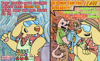 aloha_shirt annoyed anthro apron bodily_fluids clothing dialogue eyewear floppy_ears genital_fluids group hat headgear headwear humor male open_mouth open_smile pattern_clothing pattern_shirt pattern_topwear pawpads paws peeing pink_pawpads shirt smile speech_bubble sunglasses text topwear trio urinal urine urine_stream rawdawgcomics stahli_(rawdawgcomics) bird_dog canid canine canis domestic_cat domestic_dog felid feline felis golden_retriever hunting_dog mammal retriever comic english_text hi_res