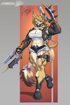 abs anthro big_breasts black_clothing black_footwear blonde_hair bottomwear breasts clothing female footwear fur green_eyes gun hair mouth_mask muscular muscular_anthro muscular_female muscular_thighs ranged_weapon shirt simple_background solo standing tail tank_top topwear weapon white_body white_clothing white_fur white_shirt white_tank_top white_topwear yellow_body yellow_fur agonwolfe mihoyo zenless_zone_zero pulchra_fellini felid feline mammal full-length_portrait hi_res portrait