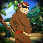 anthro biped brown_body brown_fur butt clothing fur hand_on_hip kerchief looking_back male muscular muscular_anthro muscular_male palm_tree plant pose red_clothing red_kerchief red_thong red_underwear smile solo teeth thong tree underwear wearing_sunglasses fabfelipe donkey_kong_(series) nintendo funky_kong ape haplorhine mammal primate 1:1 2022 digital_drawing_(artwork) digital_media_(artwork) hi_res pinup