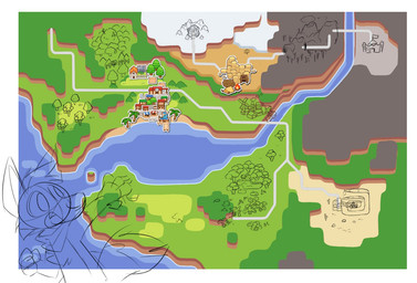 anthro desert fur game_screen grass looking_back male map mountain open_mouth palm_tree plant river sea snow solo town trail tree video_game_reference water tardor opap canid canine fox mammal 2022 concept_art digital_media_(artwork) sketch