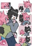 anthro black_hair blue_eyes blush bottomwear breast_grab breasts canid canine clothed clothing clothing_lift cute_fangs duo eyewear fangs female fox fur glasses hair hand_on_breast hoodie inner_ear_fluff male male/female mammal open_mouth open_smile pants pink_body pink_fur pink_hair purple_eyes romantic romantic_couple shirt shirt_lift smile snow_angel_(artist) sweater teeth topwear tuft worried