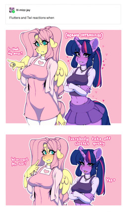 anthro anthrofied blush clothed clothing crossed_arms dialogue duo eyebrows female fingers gesture hand_gesture horn pointing text wings tolsticot friendship_is_magic hasbro my_little_pony mythology fluttershy_(mlp) twilight_sparkle_(mlp) equid equine mammal mythological_creature mythological_equine pegasus unicorn 2022 digital_media_(artwork) english_text hi_res