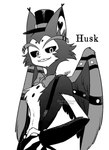 anthro clothed clothing do_not_distribute hat headgear headwear male sharp_teeth simple_background solo teeth white_background wings enaic31 hazbin_hotel husk_(hazbin_hotel) demon domestic_cat felid feline felis mammal absurd_res character_name hi_res monochrome