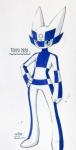 ambiguous_gender blue_body blue_eyes blue_skin featureless_crotch looking_at_viewer mascot not_furry simple_background solo standing white_background white_body white_skin akabane_jin 2020_tokyo_olympics olympics miraitowa unknown_species hi_res signature traditional_media_(artwork)