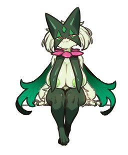 :3 anthro areola areola_slip big_breasts black_claws breast_curtains breasts claws darkened_areola female female_anthro fur green_areola green_body green_fur green_hair green_mask hair hip_tuft huge_breasts looking_at_viewer paws pink_eyes pink_neckwear short_hair simple_background sitting solo triangle_nose tuft white_background ebora nintendo pokemon generation_9_pokemon meowscarada pokemon_(species) 2026 absurd_res hi_res