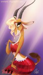 3_fingers anthro blonde_hair bottomwear bracelet brown_eyes clothed clothing crop_top female fingers hair hair_over_eye horn jewelry long_neck midriff one_eye_obstructed shirt simple_background skirt smile solo tail tail_tuft topwear tuft vivzmind disney zootopia gazelle_(zootopia) antelope bovid gazelle grant's_gazelle mammal nanger true_antelope 2016 hi_res