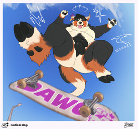 anthro balls barbell_piercing black_body black_fur black_pawpads broken_horn brown_body brown_fur curved_horn dewclaw_hooves eyes_closed facial_piercing fangs fur genitals hooves horn low-angle_view male nipple_barbell nipple_piercing nipples nose_piercing nose_ring nude open_mouth open_smile pawpads paws piercing ring_piercing skateboard slightly_chubby slightly_chubby_anthro slightly_chubby_male smile teeth tongue tongue_out vehicle white_body white_fur roseonapot bovid bovine canid canine canis cattle domestic_dog hybrid mammal hi_res