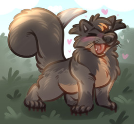 ambiguous_gender blush eyes_closed feral fur grass hair heart_symbol nude open_mouth open_smile outside plant simple_background sky smile solo tail tongue pariahpuppy korwin binturong mammal viverrid