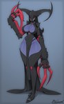 anthro armwear big_breasts black_armwear black_boots black_clothing black_dress black_footwear boots breasts claws cleavage_cutout clothed clothing cutout dress exoskeleton female finger_claws footwear front_view grey_background legwear purple_body purple_exoskeleton raised_hand red_body red_claws red_exoskeleton red_eyes sharp_teeth shoes simple_background skimpy solo teeth thick_thighs thigh_boots thigh_highs wide_hips miso_souperstar alien humanoid monster 2025 absurd_res hi_res