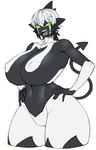 angry big_breasts black_body black_hair bodily_fluids breasts cross-popping_vein curvy_figure female gloves_(marking) green_eyes hair hands_on_hips huge_breasts markings multicolored_body multicolored_hair navel nipples no_irises no_pupils nude open_mouth sharp_teeth solo spade_tail sweat sweatdrop tail teeth thick_thighs tongue voluptuous voluptuous_female white_body white_hair wide_hips space_zin humanoid unknown_species hi_res signature