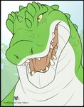 anthro black_border border green_body male scales solo teeth teeth_showing tongue white_body yellow_eyes charu cregon alligator alligatorid crocodile crocodilian reptile scalie absurd_res headshot_portrait hi_res portrait