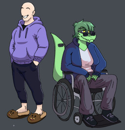 alternate_costume anthro bald black_clothing black_footwear black_shoes black_sneakers blue_clothing blue_jacket blue_topwear brown_slippers clothing clothing_swap disability duo eyelashes eyewear female footwear green_body green_hair green_scales grey_background grey_eyes hair hand_in_pocket hoodie jacket light-skinned_male light_body light_skin long_tail looking_at_viewer male male_human paraplegic pockets purple_clothing purple_hoodie purple_topwear scales shoes short_hair simple_background slippers smile sneakers snout sunglasses tail topwear vehicle wheelchair yellow_sclera purplekatsnek cavemanon_studios i_wani_hug_that_gator inco_(iwhtg) olivia_halford baryonyx dinosaur human mammal prehistoric_species reptile saurischian scalie spinosaurid theropod 2024 digital_drawing_(artwork) digital_media_(artwork)