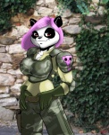 5_fingers armor big_breasts biped breasts clothed clothing female fingers fully_clothed gloves green_clothing green_gloves green_handwear hair handwear looking_at_viewer military outside pink_hair red_eyes short_hair solo wonderduck punisher naomi_(flatrabbit) bear giant_panda mammal