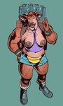 anthro areola backpack belt big_breasts bottle bottomwear breasts clothing container ear_twitch exposed_breasts fanny_pack female footwear horn hotpants knee_pads midriff muscular muscular_female nipples shirt shoes shorts slightly_chubby smile solo tank_top thick_thighs topwear purplebirdman bovid bovine cattle mammal hi_res