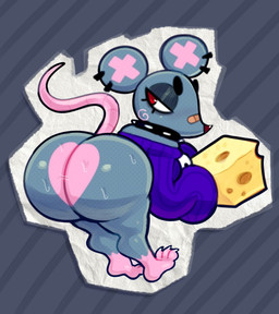 anthro band-aid band-aid_on_face bandage bandage_on_face bent_over big_butt biped blush butt butt_focus cheese clothing collar dairy_products eyeshadow food huge_butt looking_back makeup male paws purple_clothing purple_sweater purple_topwear rear_view red_eyes shortstack shortstack_male simple_background solo spiked_collar spikes sweater topwear somescrub rat_scrub_(somescrub) scrub_(somescrub) mammal murid murine rat rodent full-length_portrait hi_res portrait