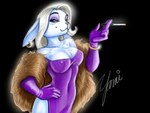 anthro black_background breasts chest_tuft cigarette cigarette_holder classy clothed clothing ear_piercing ear_ring female fur nipple_outline piercing ring_piercing seductive simple_background smoking solo stole tuft devilkitten_yami lagomorph leporid mammal rabbit 4:3