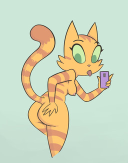 4_fingers anthro areola arms_bent barely_visible_genitalia barely_visible_vulva big_eyes big_head big_iris biped black_eyebrows blep breasts butt butt_pose cellphone cheek_tuft curved_eyebrows electronics erect_nipples eyebrows eyelashes facial_tuft female fingers fur fur_tuft genitals green_background green_eyes green_sclera hand_on_butt hand_on_own_butt head_turned holding_cellphone holding_object holding_phone humanoid_hands iris looking_at_viewer looking_back looking_back_at_viewer mature_anthro mature_female medium_breasts nipples no_pupils nude nude_anthro nude_female orange_body orange_fur orange_stripes phone pink_areola pink_nipples pink_nose pointy_ears pose prick_ears rear_view red_tongue selfie simple_background small_nose solo standing striped_body striped_fur stripes tail taking_picture taking_selfie thin_eyebrows tongue tongue_out tuft vulva paradox-sin litterbox_comics fran_(litterbox_comics) domestic_cat felid feline felis mammal 2021 digital_drawing_(artwork) digital_media_(artwork) portrait three-quarter_portrait