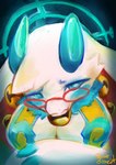 anthro bell big_breasts blue_eyes breasts claws clothed clothing eyewear female finger_claws fur fur_collar fur_tuft glasses halo horn long_ears skimpy solo tuft wearing_glasses white_body double_slime atlyss angela_flux kubold_(atlyss) scalie