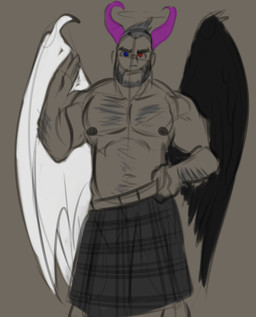 beard bottomwear clothed clothing facial_hair front_view hairy heterochromia horn kilt looking_at_viewer male muscular muscular_humanoid muscular_male mustache pattern_clothing plaid plaid_clothing solo standing tartan_bottomwear topless wings sugarscissor angel demon humanoid hybrid nephelam colored_sketch portrait sketch source_request three-quarter_portrait unavailable_at_source