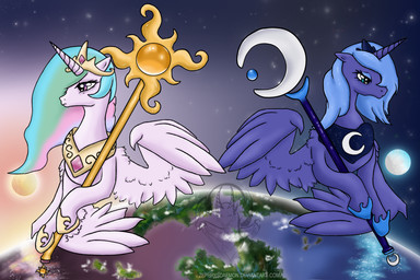 blue_body blue_eyes blue_feathers blue_fur blue_hair cloud crown detailed_background dualism duo earth feathered_wings feathers female feral fur hair headgear horn light mane moon moonlight multicolored_hair outside pink_eyes planet rainbow_hair scepter sky space star sun sunlight tiara toony white_body white_feathers white_fur wings zephrysdaemon friendship_is_magic hasbro my_little_pony mythology princess_celestia_(mlp) princess_luna_(mlp) equid equine mammal mythological_creature mythological_equine winged_unicorn signature watermark sibling_(lore) sister_(lore) sisters_(lore)