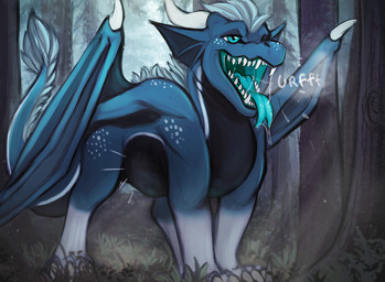abdominal_bulge ambiguous_gender black_body blue_body blue_eyes blue_tongue bodily_fluids burping ear_frill fangs feral forest forked_tongue frill_(anatomy) glistening glistening_eyes grass narrowed_eyes open_mouth outside plant quadruped saliva saliva_string solo sound_effects tail tail_tuft teeth three-quarter_view tongue tree tuft unsigned acidic mythology dragon mythological_creature mythological_scalie scalie full-length_portrait portrait