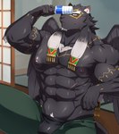 abs anthro armpit_hair body_hair bottle bottomwear bulge clothed clothing container male muscular muscular_anthro muscular_male nipples open_bottomwear open_clothing open_pants pants pecs solo underwear water_bottle wings aaassstaro lifewonders tokyo_afterschool_summoners tezcatlipoca_(tas) felid mammal pantherine