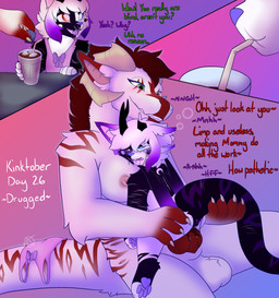 anthro big_dom_small_sub black_cum black_tears black_teeth blind bodily_fluids clothing colored_cum crying cum degradation disability dominant dominant_anthro dominant_gynomorph dominant_intersex dress drooling drugged drugged_sex drugging duo female female_raped forced genital_fluids genitals gynomorph gynomorph/female intersex intersex/female knot knotted_penis limp_arms limp_tail penetration penis pink_clothing pink_dress rape saliva sex size_difference substance_intoxication tears teeth unusual_bodily_fluids unusual_cum unusual_genital_fluids vaginal vaginal_penetration young young_anthro young_female young_raped freak_magic1369 kinktober kinktober_2025 kara_(freak_magic1369) magic_(freak_magic1369) demon domestic_cat felid feline felis felkin hybrid mammal reptile scalie wither_beast wither_beast_(freak_magic1369) 2025 absurd_res hi_res adult_(lore) nonbinary_(lore)