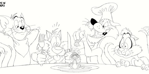 3_toes 4_fingers anthro arm_support arm_tuft backward_arm_support belly big_belly big_chin big_ears biped black_eyebrows black_eyes black_line_art black_nose bodily_fluids buckteeth captured cheek_tuft chef_hat chef_hat_only chin_tuft claws clothing curling_tail cutlery dipstick_tail ears_back ears_down elbow_tuft erect_tail eyebrows eyewear eyewear_only facial_tuft fangs feet finger_claws fingers floating_eyebrows fork furniture glasses glasses_only grinning_at_another group half-closed_eyes hat head_tuft headgear headwear helpless holding_fork holding_knife holding_object hungry kitchen_utensils knife licking licking_lips licking_own_lips lines_drawn logo looking_down looking_down_at_another male markings motion_lines napkin narrowed_eyes nervous nude open_mouth paws pecs pivoted_ears plate raised_tail ringed_eyes saliva salt salt_shaker shoulder_tuft sitting smile smiling_at_another smirking_at_another smug smug_expression smug_eyes smug_face smug_grin snaggle_teeth sweat sweatdrop table tail tail_markings tail_motion tailwag teeth text toes tongue tongue_out tools toony tuft uvula wearing_glasses whisker_spots whiskers wide_eyed worried worried_face worried_look catsnbriefs 20th_century_fox looney_tunes mauvetoon metro-goldwyn-mayer mrs._doubtfire pudgy_and_grunge tom_and_jerry warner_brothers claude_cat grunge_the_cat mauve_(mauvetoon) sylvester_(looney_tunes) thomas_cat domestic_cat felid feline felis mammal mouse murid murine rodent tabby_cat tuxedo_cat 2025 artist_logo artist_name black_and_white crossover digital_drawing_(artwork) digital_media_(artwork) hi_res line_art monochrome