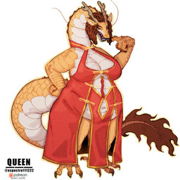 alternate_species anthro antlers asian_clothing belly big_belly big_breasts big_tail breasts brown_hair chinese_clothing chinese_dress claws cleavage clothed clothing dragonification dreadlocks dress east_asian_clothing female hair horn long_neck navel non-mammal_breasts non-mammal_navel overweight overweight_anthro overweight_female red_clothing red_dress scales solo tail tail_tuft text thick_tail thick_thighs toe_claws tuft ventral_scales wide_hips yellow_body yellow_scales espectro111222 mythology tylann_vanderbilt_(tallordeer) dragon mythological_creature mythological_scalie scalie 1:1 english_text