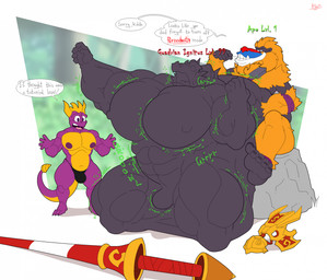 abdominal_bulge abs anthro armor athletic athletic_anthro athletic_male biceps big_muscles big_pecs black_body black_clothing black_underwear blue_body body_outline bulge clothing dialogue digestion digestion_noises distressed dying fatal_vore feet fur group headgear helmet horn hyper hyper_abdominal_bulge lance larger_sub level_difference level_number male male/male melee_weapon muscular muscular_anthro muscular_male muscular_prey nipples on_rock onomatopoeia orange_body orange_fur pecs picking_teeth polearm purple_body quads reaching_out red_body rock rumbling_stomach sitting sitting_on_rock size_difference sound_effects submissive tail text trio underwear vore weapon white_body yellow_body yellow_crest yellow_horn bobthetanuki activision mythology spyro_the_dragon ignitus spyro dragon haplorhine mammal mandrill monkey mythological_creature mythological_scalie old_world_monkey primate scalie english_text hi_res