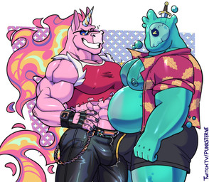 abs anthro barazoku belly blue_body bone bottomwear bulge bulge_frottage chain clothed clothing duo eyewear fingerless_gloves fire flaming_hair fur gloves grin handwear horn male male/male musclegut muscular muscular_anthro muscular_arms muscular_male nipples open_clothing open_shirt open_topwear pants pecs pink_body pink_fur pseudo_hair shirt shorts skull smile sunglasses tank_top teeth topwear torn_clothing vier_punksterne monster_prom_(series) mythology doug_(monster_con) whiskey_(monster_prom) equid equine goo_creature goo_humanoid humanoid mammal mythological_creature mythological_equine unicorn hi_res