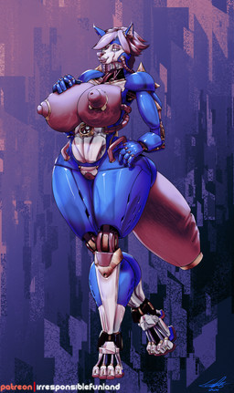 4_toes 5_fingers abstract_background anthro belly big_breasts big_butt big_nipples breasts butt cybernetics feet female fingers genitals grey_eyes grey_hair hair hand_on_breast hand_on_hip handles_on_hips hose huge_breasts huge_butt machine metallic_body nipples solo thick_thighs toes vulva wide_hips kansyr darbo canid cyborg mammal robot robot_anthro hi_res