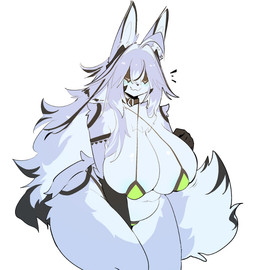 ahoge anthro areola bangs belly big_breasts black_collar black_markings blue_areola blue_blush blush breasts chest_tuft collar eyes_closed female hair huge_breasts long_ears long_hair markings navel slightly_chubby smile solo tail thick_thighs tuft wide_hips shiyaa_stuff canid canine fox mammal 2025 colored digital_drawing_(artwork) digital_media_(artwork) flat_colors