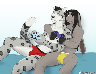 5_fingers anthro anthro_on_anthro beard biceps biped black_beard black_body black_claws black_eyebrows black_facial_hair black_finger_claws black_fur black_hair black_nipples black_nose blue_eyes boxer_briefs boxer_briefs_only briefs briefs_only brown_eyes bulge claws closed_smile clothed clothed_anthro clothed_male clothing controller countershade_face countershade_fur countershade_legs countershade_neck countershade_torso countershading deltoids detailed_bulge dipstick_tail duo eyebrows facial_hair finger_claws fingerless_(marking) fingers fur game_controller gaming genital_outline grey_body grey_fur hair holding_controller holding_game_controller holding_object hug hugging_another hugging_from_behind humanoid_hands interspecies leopard_spots long_ears long_hair looking_at_another looking_at_viewer male male/male male_anthro markings mouth_closed multicolored_body multicolored_fur muscular muscular_anthro muscular_male navel nipples patreon_logo patreon_username pecs penis_outline playing_video_game red_boxer_briefs red_clothing red_underwear short_hair sitting smile smiling_at_another smiling_at_viewer spots spotted_body spotted_fur spotted_markings spotted_tail tail tail_markings text thick_eyebrows three-quarter_view topless topless_anthro topless_male underwear underwear_only whisker_spots white_body white_countershading white_fur white_inner_ear yellow_briefs yellow_clothing yellow_underwear spelunker_sal patreon spelunker_sal_(character) tsarin felid lagomorph leporid mammal pantherine rabbit snow_leopard artist_name digital_drawing_(artwork) digital_media_(artwork) portrait three-quarter_portrait