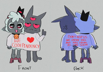 3_eyes ambiguous_anthro ambiguous_gender anthro bell bell_collar clothing collar cross-popping_vein duo gesture hand_gesture multi_eye open_mouth open_smile red_eyes sharing_clothing smile sweater text text_on_clothing text_on_sweater text_on_topwear thumbs_up topwear xamsdy cult_of_the_lamb massive_monster_(studio) lamb_(cult_of_the_lamb) narinder red_crown_(cult_of_the_lamb) bovid caprine domestic_cat felid feline felis mammal sheep digital_drawing_(artwork) digital_media_(artwork) english_text