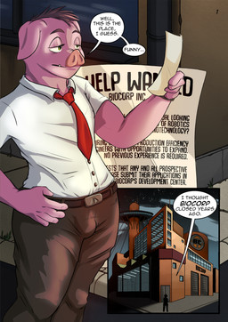 accessory anthro bulge clothed clothing comic_panel curvy_figure dialogue hourglass_figure laboratory male necktie short_sleeved_shirt solo speech_bubble text wide_hipped_male wide_hips alphasabre valentino_(alphasabre) domestic_pig mammal suid suine sus_(pig) comic english_text hi_res story