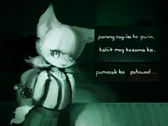 3_fingers anthro backpack bag bangs black_bottomwear black_clothing black_hair black_nose bottomwear clothing creepy cute_fangs dialogue eyelashes fangs female fingers flower fluffy fluffy_ears fluffy_tail fur hair holding_bag kemono looking_at_viewer night open_mouth open_smile pigtails plant pupils school_uniform short_hair skirt smile solo standing suspender_skirt tail teeth text topwear uniform white_body white_clothing white_ears white_eyes white_fur white_tail white_topwear young hasukii no_i'm_not_a_human paraphore trioskaz herba_(hasukii) mynt_(kittery) canid canine felid feline mammal 4:3 filipino_text translated