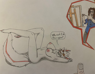 annoyed anthro big_breasts bottomwear breasts brown_hair brush canvas cheek_tuft chest_tuft clothing concentration duo easel eyewear facial_hair facial_tuft female fluffy fluffy_tail fur gesture glasses hair hand_gesture head_tuft jewelry long_hair lying male markings multicolored_body multicolored_fur nails necklace nipples on_back paintbrush painting_(action) pawpads pendant pink_pawpads posing_nude pupils red_markings red_pupils shirt shorts simple_background t-shirt tail teeth thumb thumbs_up tongue tongue_out topwear tuft white_body white_fur yellow_sclera yellow_teeth dylanaildon_no_2 eduardo_(dylanaildon_no_2) mana_(sirsavagethe78) canid human mammal absurd_res hi_res shaded traditional_media_(artwork)