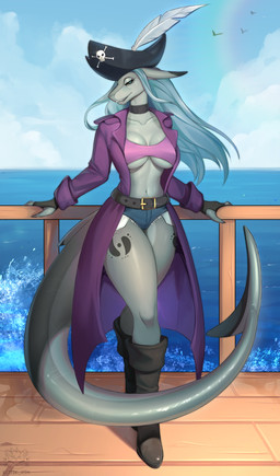 anthro belt big_breasts boots bottomwear breasts clothing coat denim denim_bottomwear denim_clothing denim_shorts female female_anthro footwear hat headgear headwear navel nipple_outline nipples non-mammal_breasts non-mammal_navel non-mammal_nipples pirate pirate_hat sea ship ship_deck shoes shorts solo tail thick_thighs thighs_crossed topwear under_boob vehicle water watercraft wide_hips kotik_rin aquatic fish shark absurd_res hi_res