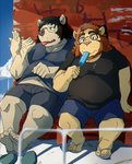 anthro belly bottomwear clothing duo eyewear food glasses kemono male overweight overweight_male popsicle shirt shorts sitting tongue tongue_out topwear train_(artist) felid lion mammal pantherine 2020 hi_res