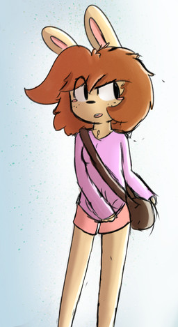 anthro biped bottomwear brown_hair clothed clothing eye_through_hair front_view fully_clothed hair looking_away male messenger_bag pink_clothing pink_topwear shirt shorts solo standing tan_body tan_skin topwear translucent translucent_hair wind melody_cloud mammal digital_media_(artwork) hi_res portrait three-quarter_portrait