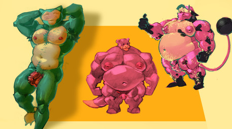 anthro big_nipples body_hair genital_piercing genitals group male male/male musclegut muscular muscular_male nipples overweight overweight_male penis penis_piercing piercing pubes solo tail trio claybull nintendo pokemon bear bovid bovine cattle generation_1_pokemon generation_2_pokemon mammal miltank pokemon_(species) slowpoke snorlax